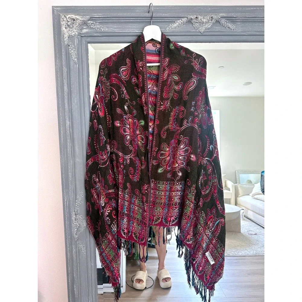 Y2K 100% Cashmere Paisley Floral Pashmina Shawl Wrap Scarf Brown Magenta Fringe